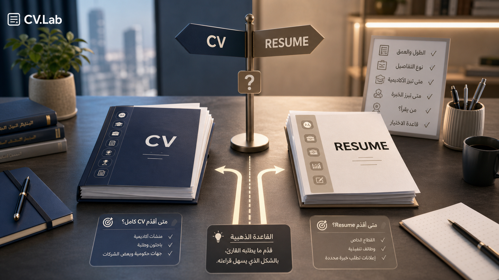 مقارنة بصرية بين وثيقتين مهنيتين توضّح الفرق بين السيرة الذاتية والـ Resume لاختيار الأنسب للتقديم