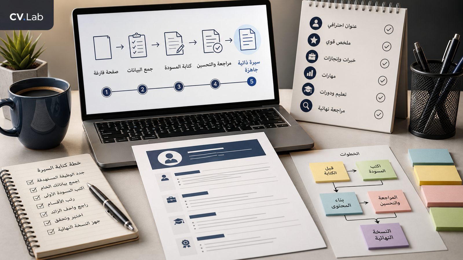 توضيح بصري لمسار تحويل صفحة فارغة إلى مسودة جاهزة ضمن طريقة كتابة السيرة الذاتية خطوة بخطوة