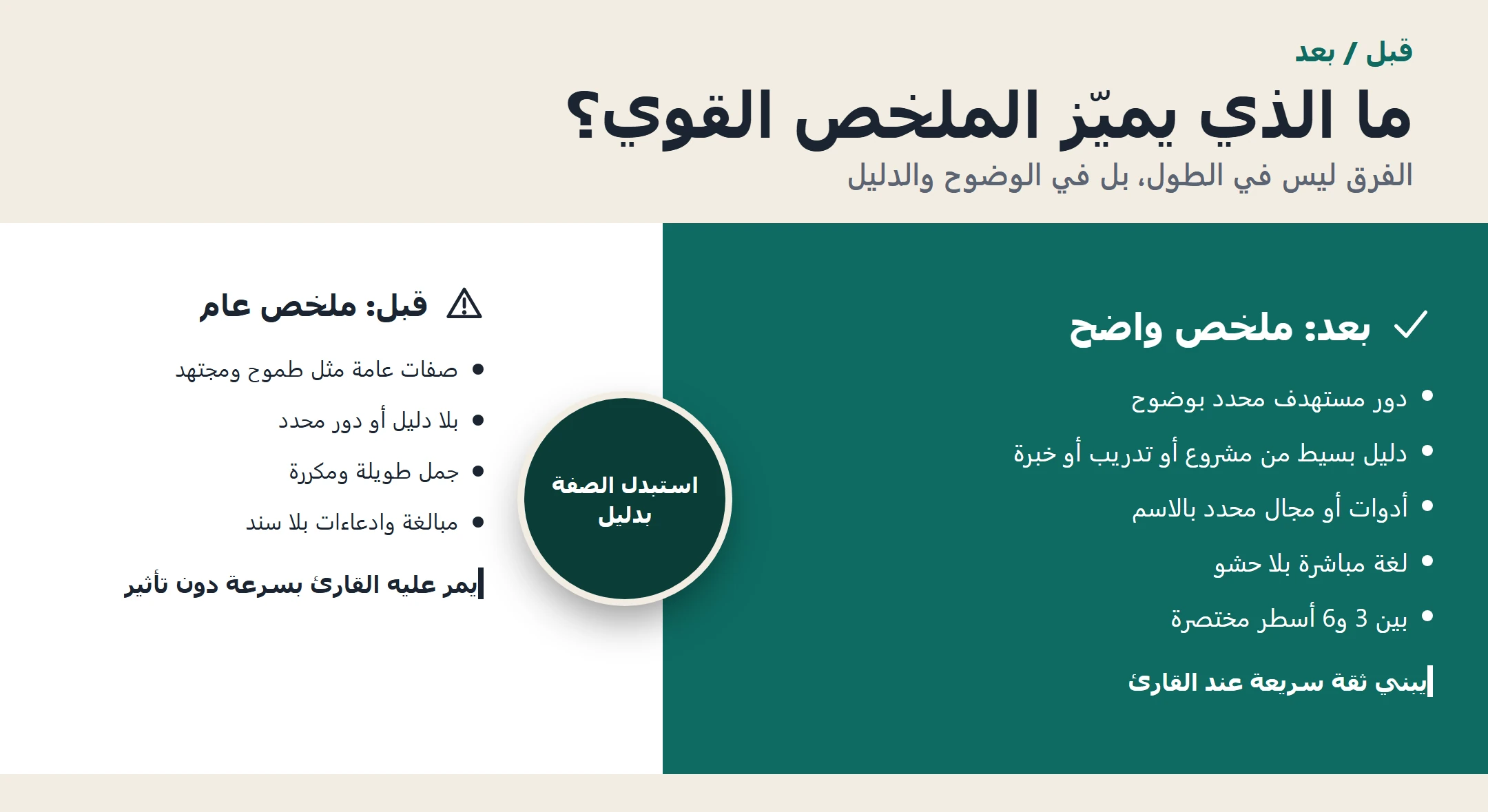 إنفوجرافيك يقارن بين ملخص مهني ضعيف وعام وملخص مهني واضح ومقنع