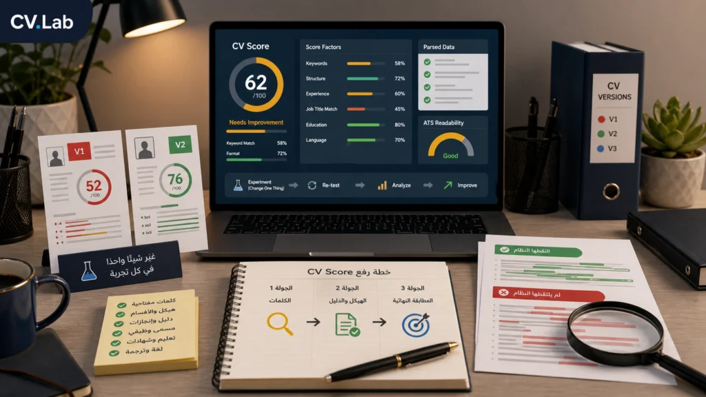 توضيح بصري لاختبار نسخ السيرة خطوة بخطوة بهدف تحسين CV Score عبر الكلمات والأقسام والأدلة