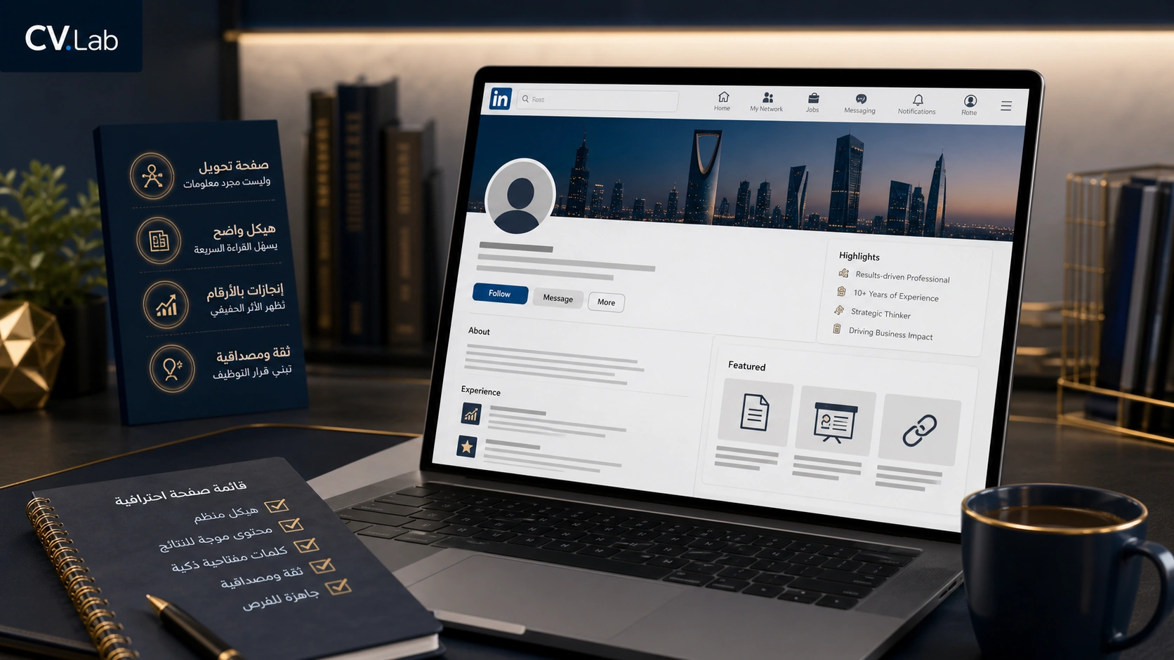 توضيح بصري لكتابة صفحة LinkedIn احترافية كمسار تحويل يبرز الخبرات لمسؤول التوظيف