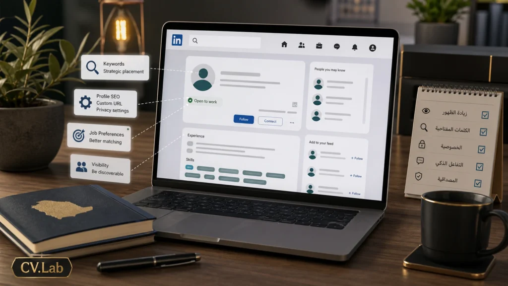 توضيح بصري لملف LinkedIn محسّن بالكلمات المفتاحية لزيادة الظهور في بحث LinkedIn