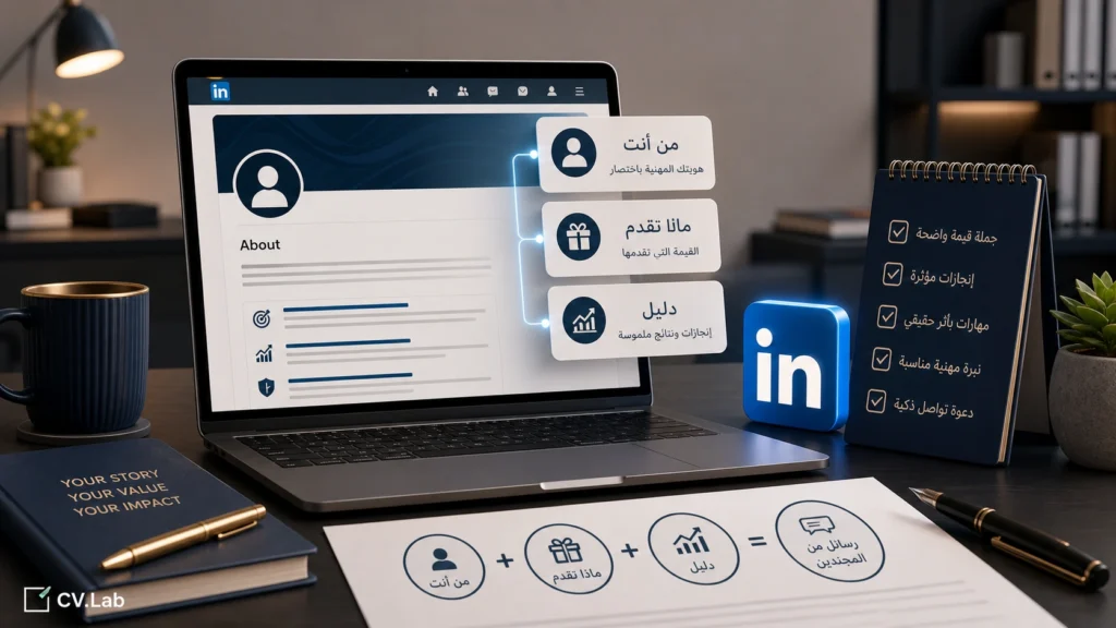 توضيح بصري لكتابة About Section في LinkedIn كعرض مهني يجذب رسائل مسؤولي التوظيف