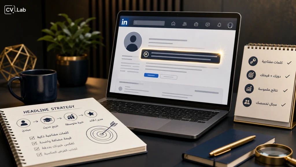 توضيح بصري لتحسين عنوان LinkedIn عبر تحويل وصف عام إلى Headline مهني يجذب الفرص
