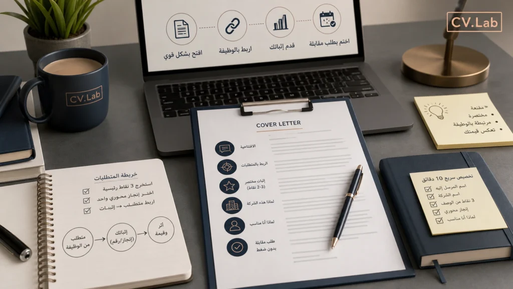 توضيح بصري لهيكل كتابة Cover Letter مقنعة يربط متطلبات الوظيفة بإثباتات مختصرة ودعوة للمقابلة
