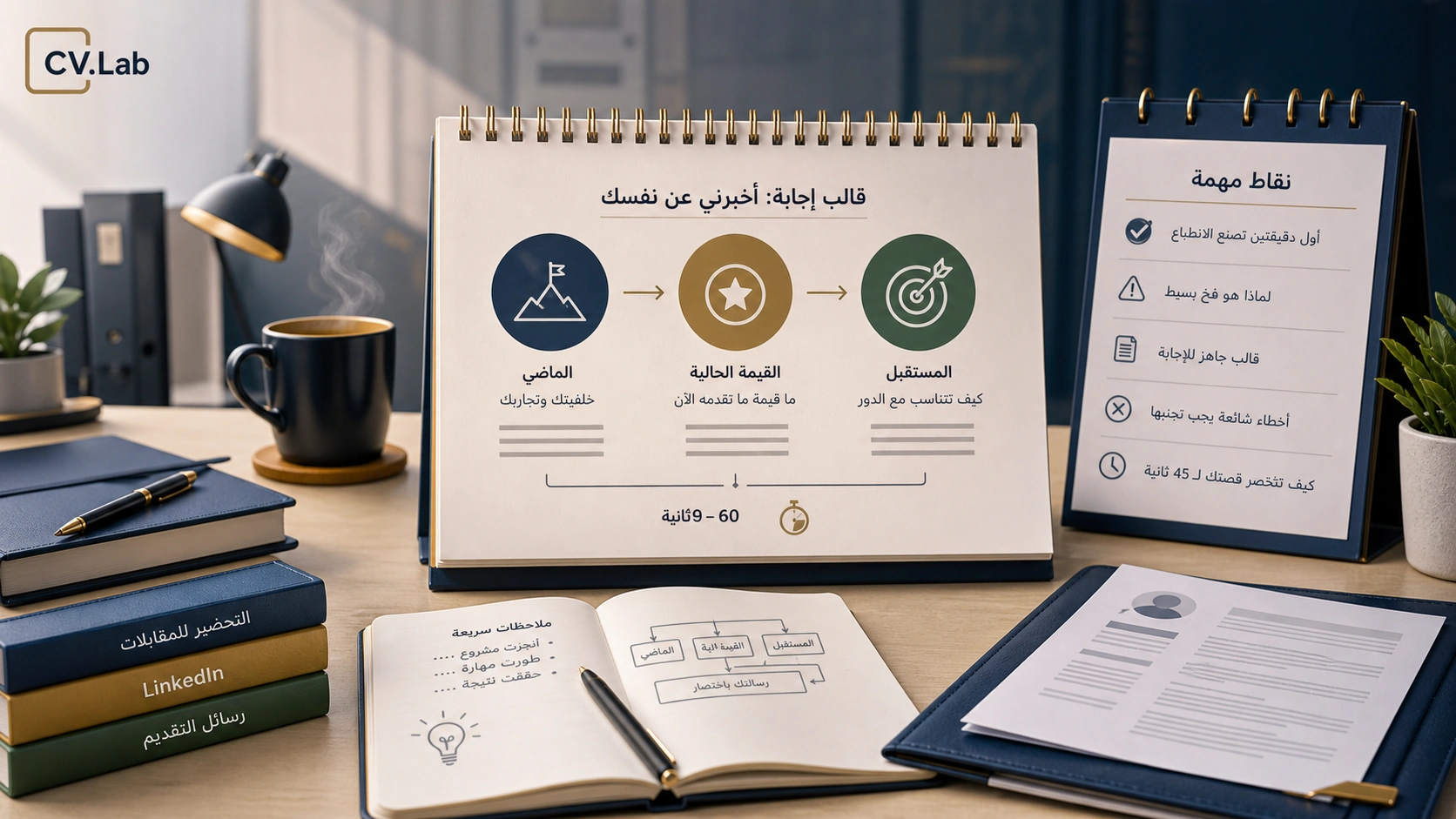 توضيح بصري لقالب الإجابة على سؤال أخبرني عن نفسك من الماضي إلى القيمة الحالية والملاءمة المستقبلية