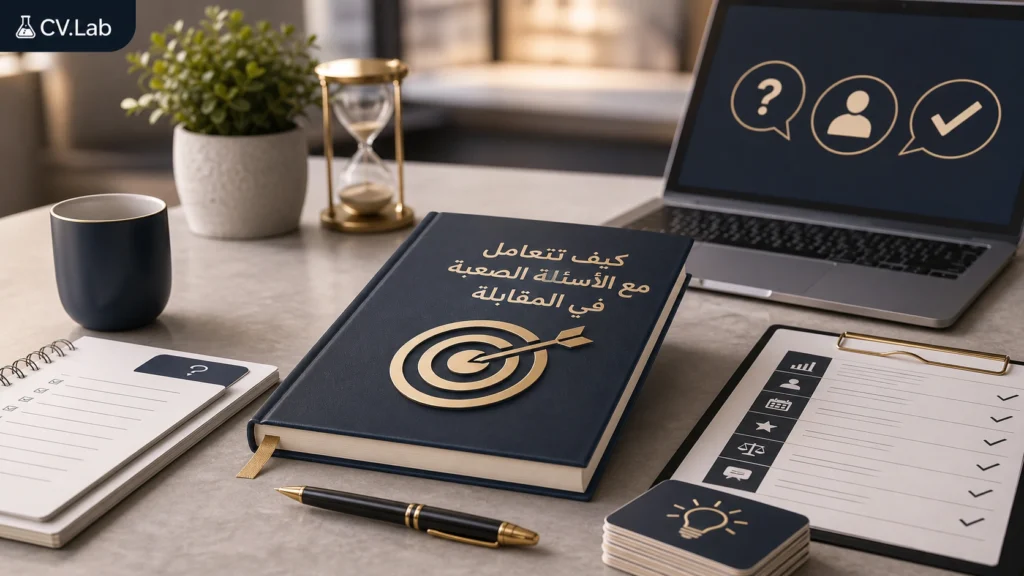 توضيح بصري لمرشح يوازن بين الصراحة والثقة أثناء التعامل مع الأسئلة الصعبة في المقابلة