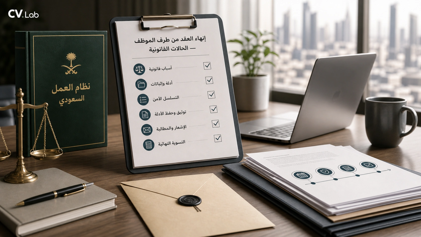 توضيح بصري لمسار إنهاء العقد من طرف الموظف مع خطوات الإشعار وحفظ المستحقات والتوثيق
