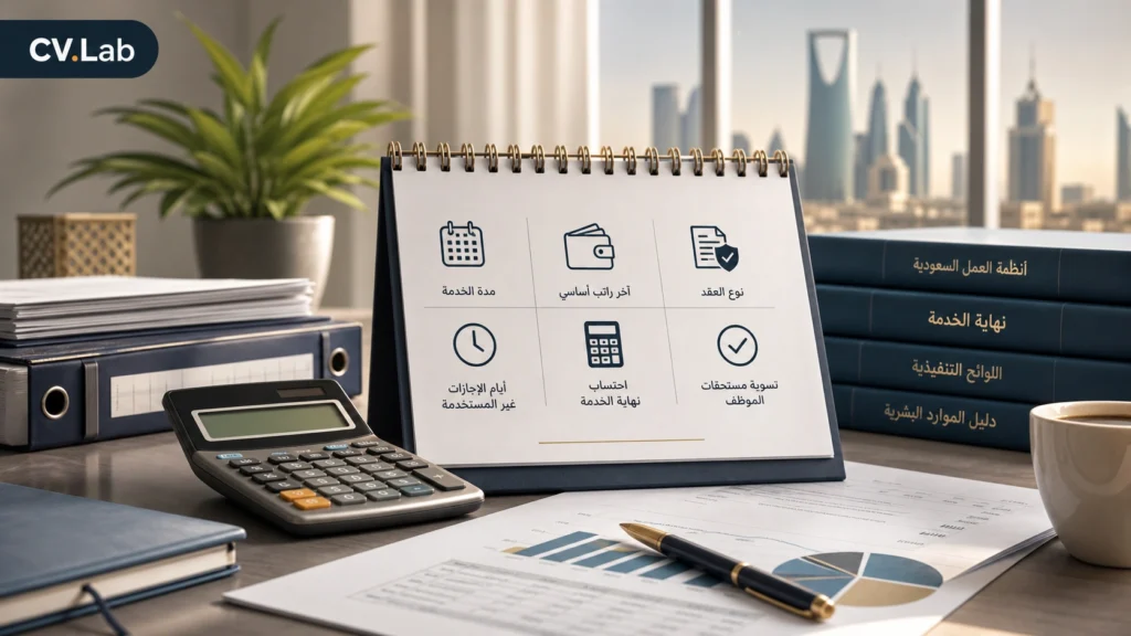 توضيح بصري لحساب نهاية الخدمة وفق مدة العمل والراتب مع أمثلة عملية