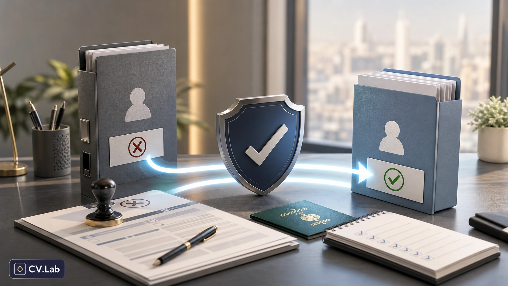 توضيح بصري لمسار الانتقال الوظيفي دون موافقة الكفيل مع شروط الأهلية وإثبات الاستحقاق