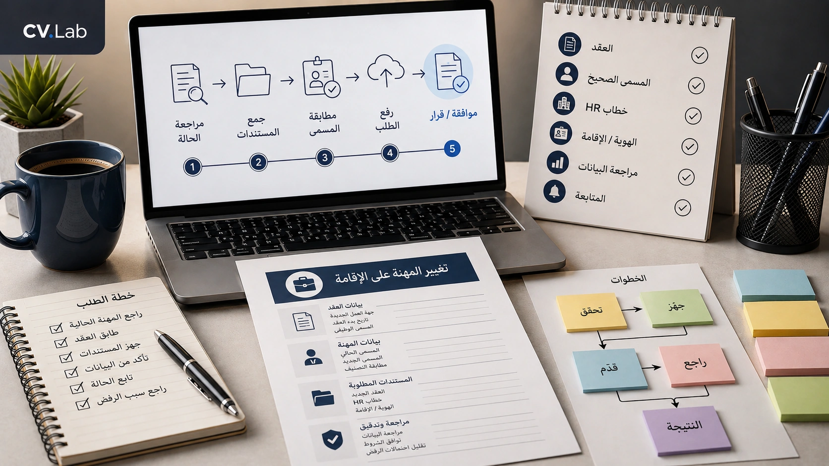 توضيح بصري لمسار تغيير المهنة على الإقامة مع فحص الأهلية وحل أسباب الرفض