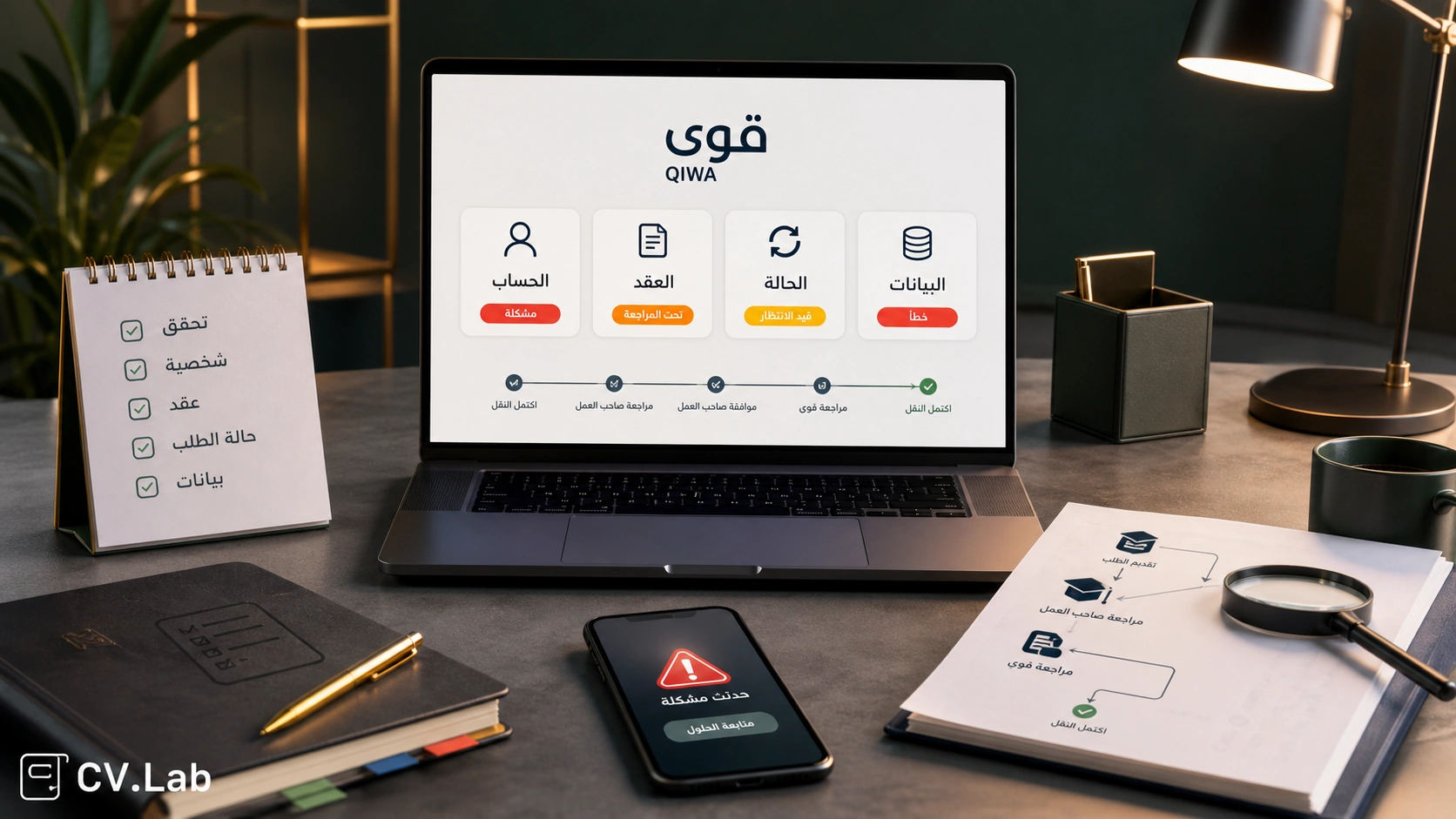 توضيح بصري لمسار حل مشاكل منصة قوى من أخطاء الحساب والعقود إلى تحديث الحالة بسرعة