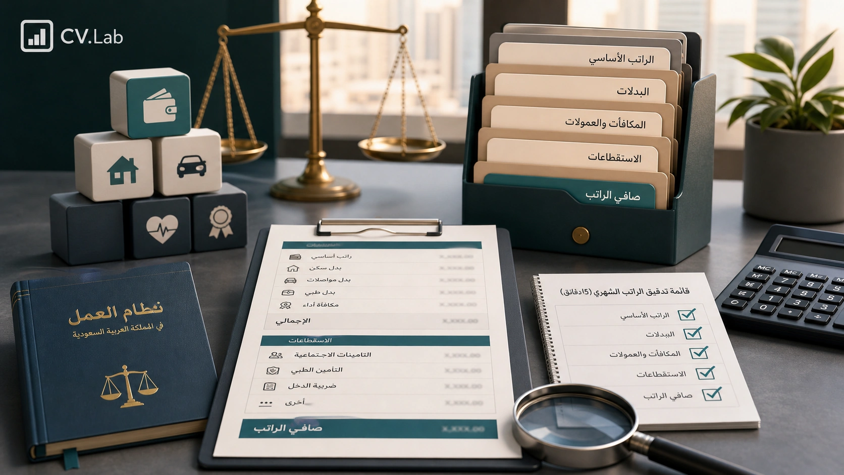 توضيح بصري لنظام الرواتب والبدلات يوازن بين الراتب الأساسي والحوافز والاستقطاعات