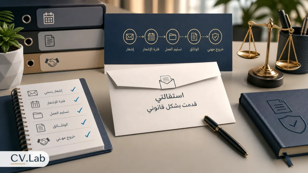 توضيح بصري لتسلسل تقديم الاستقالة بشكل قانوني مع توثيق الخطوات وفترة الإشعار