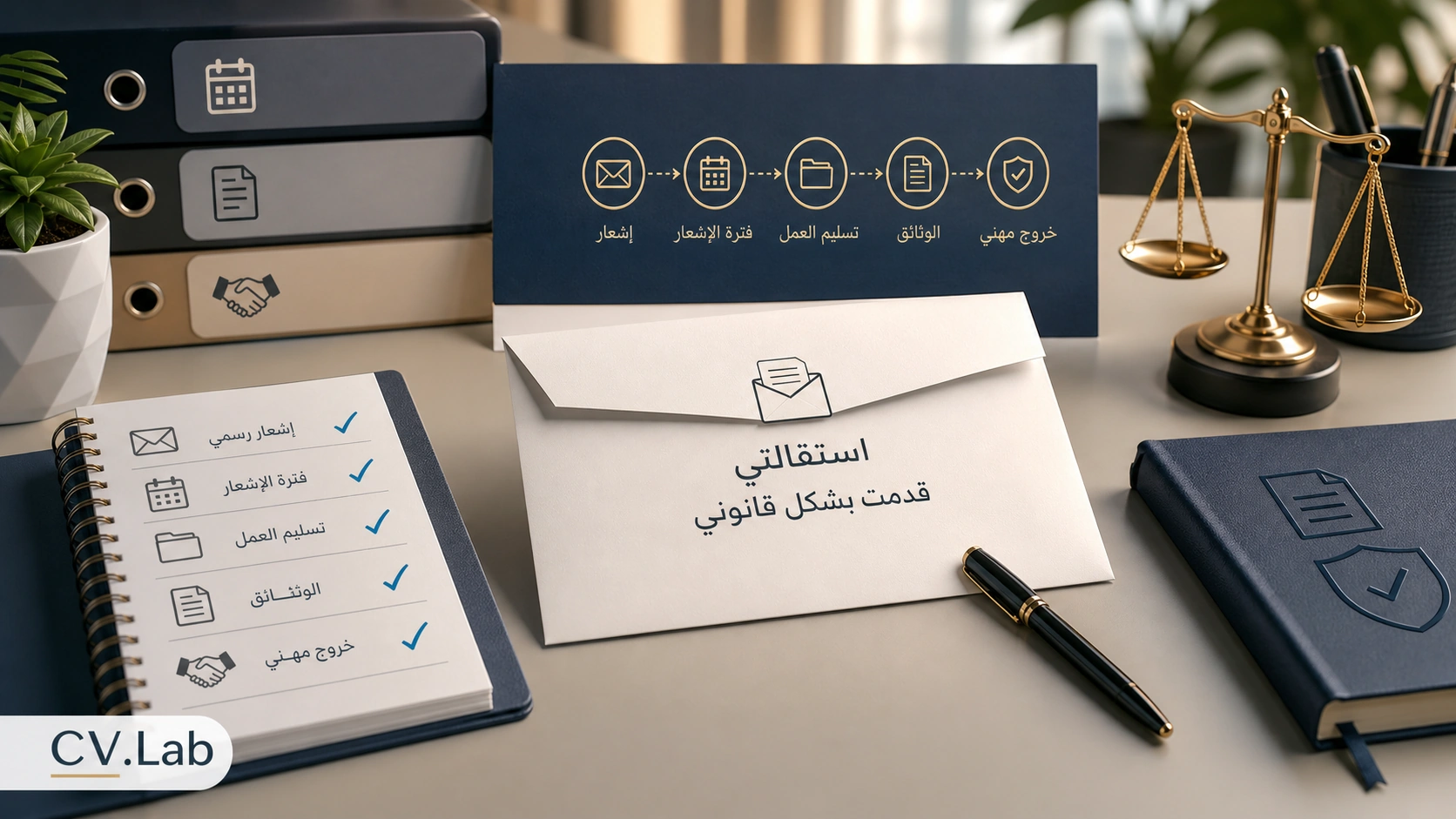 توضيح بصري لتسلسل تقديم الاستقالة بشكل قانوني مع توثيق الخطوات وفترة الإشعار