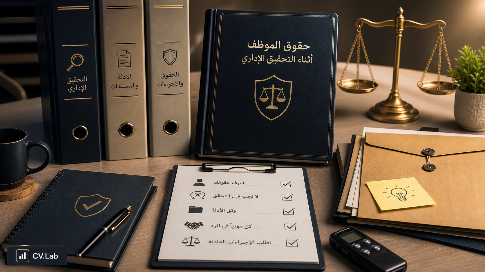 توضيح بصري لحقوق الموظف أثناء التحقيق الإداري وجمع الأدلة قبل الرد على الاتهامات