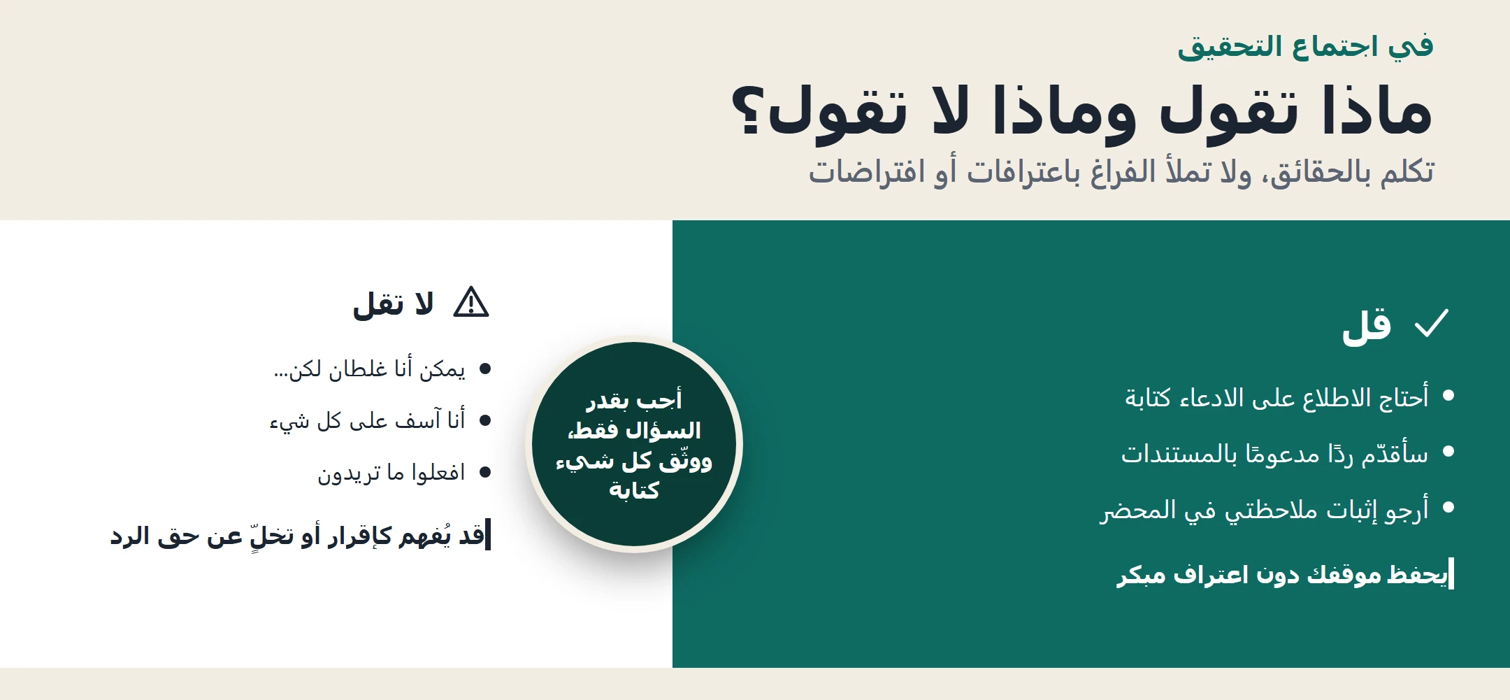 إنفوجرافيك يقارن بين عبارات آمنة وأخرى يجب تجنبها أثناء اجتماع التحقيق الإداري