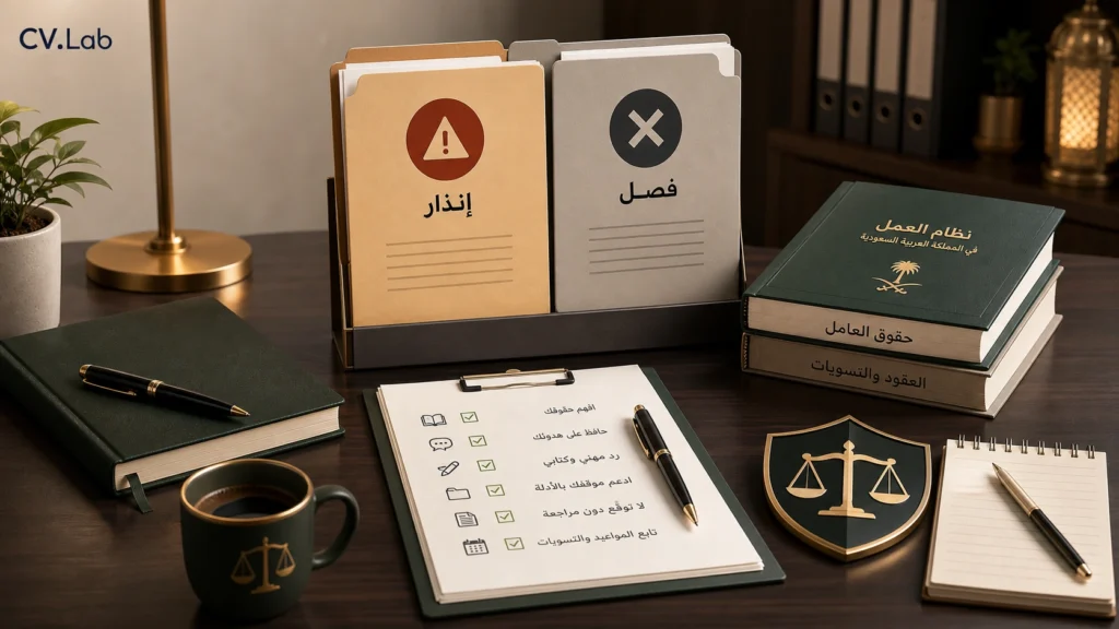 توضيح بصري لمسار الإنذار والفصل وحفظ الأدلة لحماية حقوقك أثناء الفصل أو الإنذار