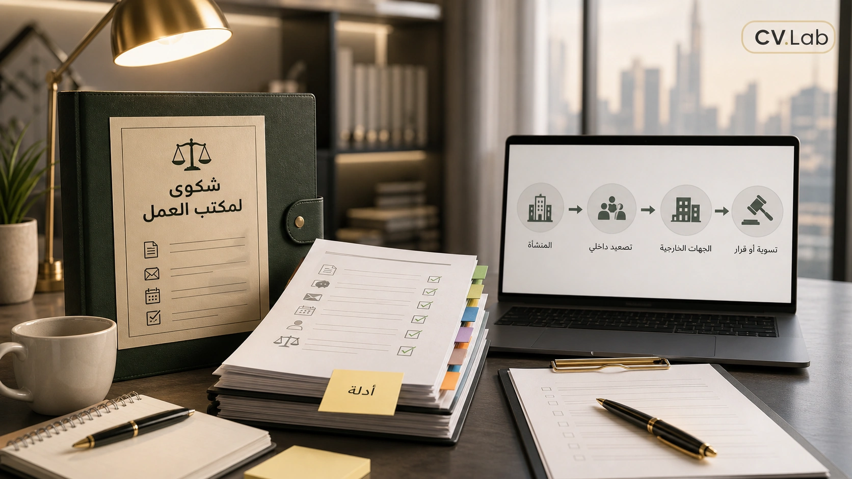 توضيح بصري لمسار رفع شكوى لمكتب العمل من جمع الأدلة إلى التقديم والمتابعة