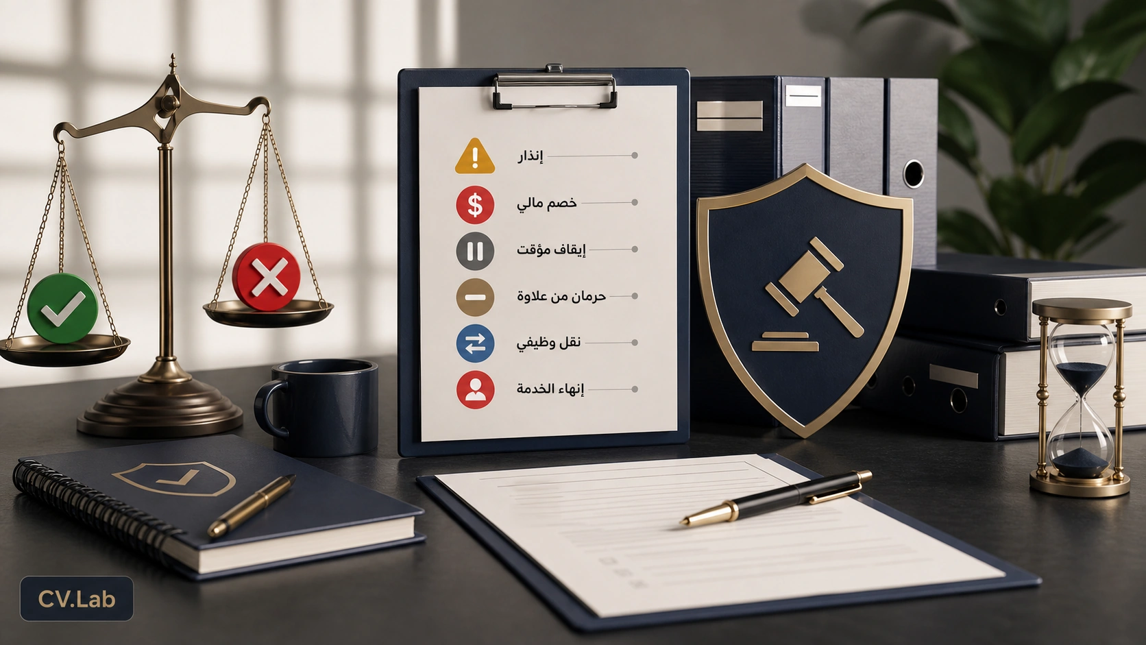 توضيح بصري لميزان يوازن بين حق الشركة واعتراض الموظف على الجزاءات الوظيفية