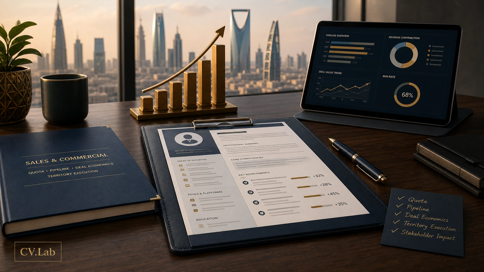 Visual comparison of a sales CV showing quota attainment, pipeline growth, deal value, and territory execution