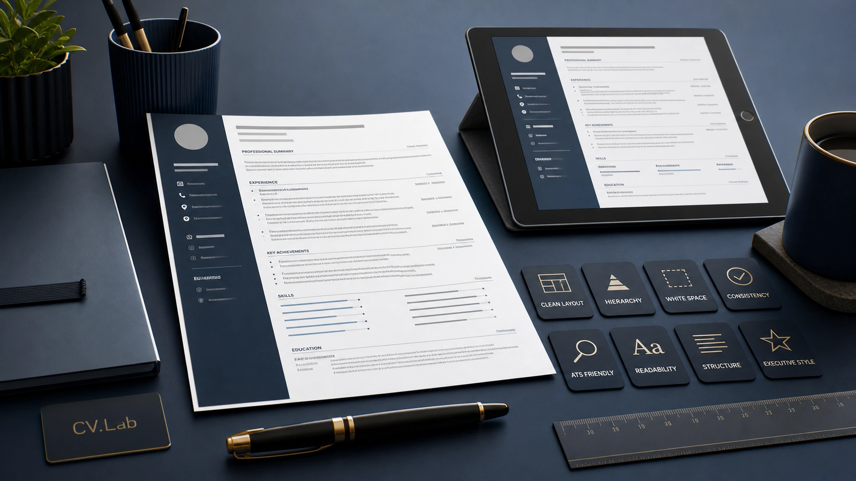 Visual comparison of a clean corporate CV layout with clear hierarchy, spacing, and executive readability