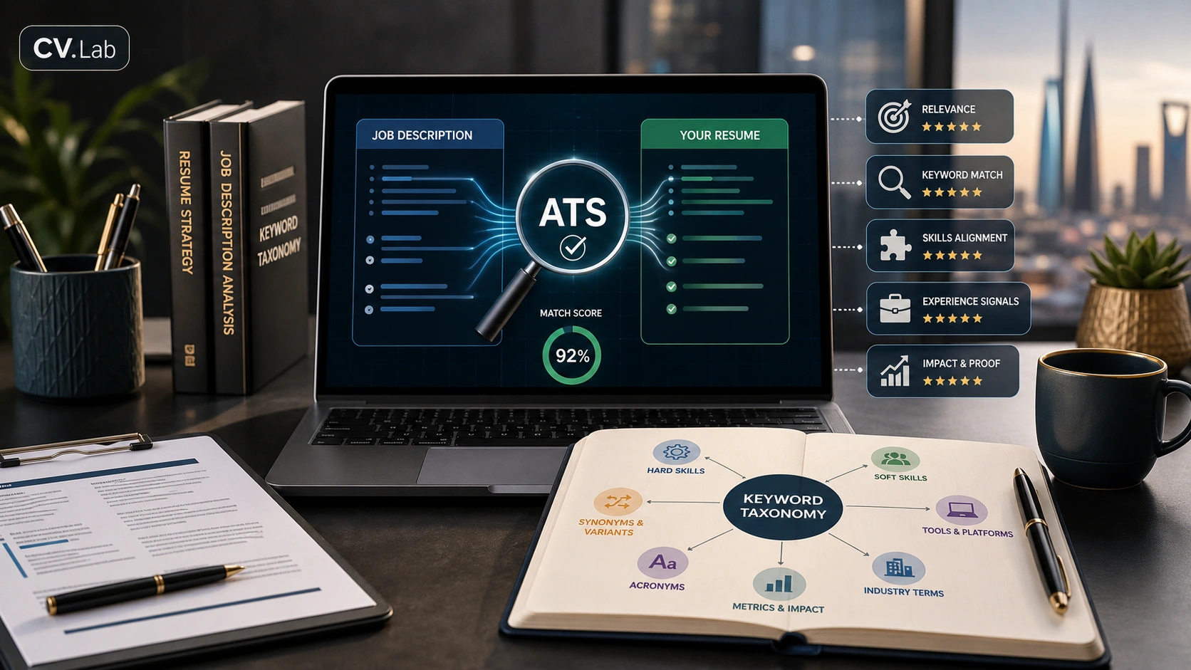 Visual taxonomy of ATS keywords for business roles mapped to resume sections and proof points