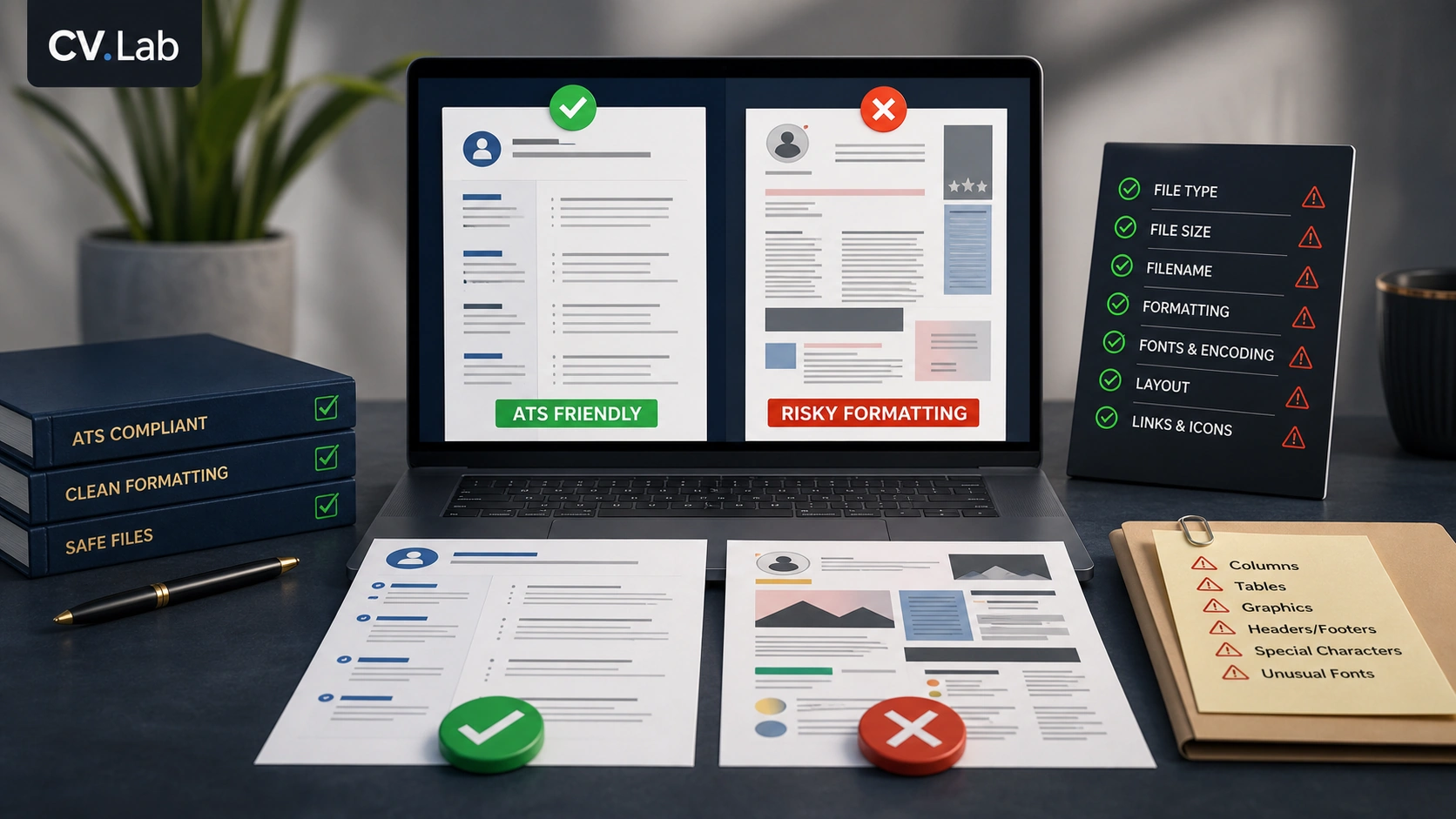 Visual comparison of ATS-safe CV formatting rules versus rejection-prone design elements