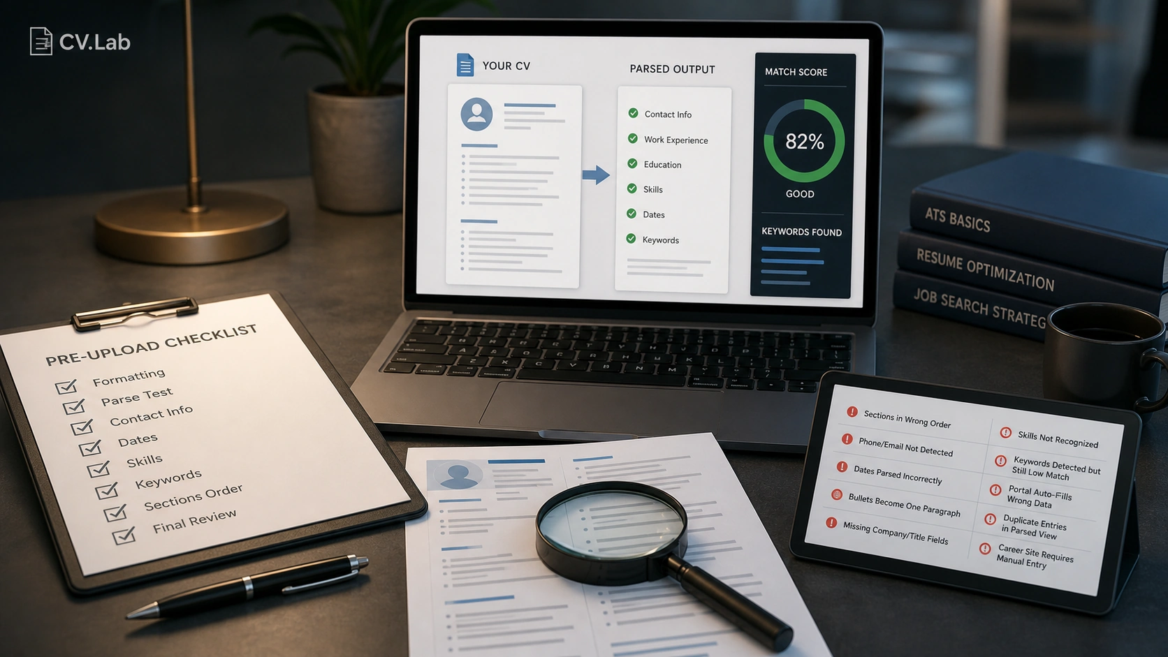 Visual checklist showing CV parsing and keyword checks to test CV before applying.
