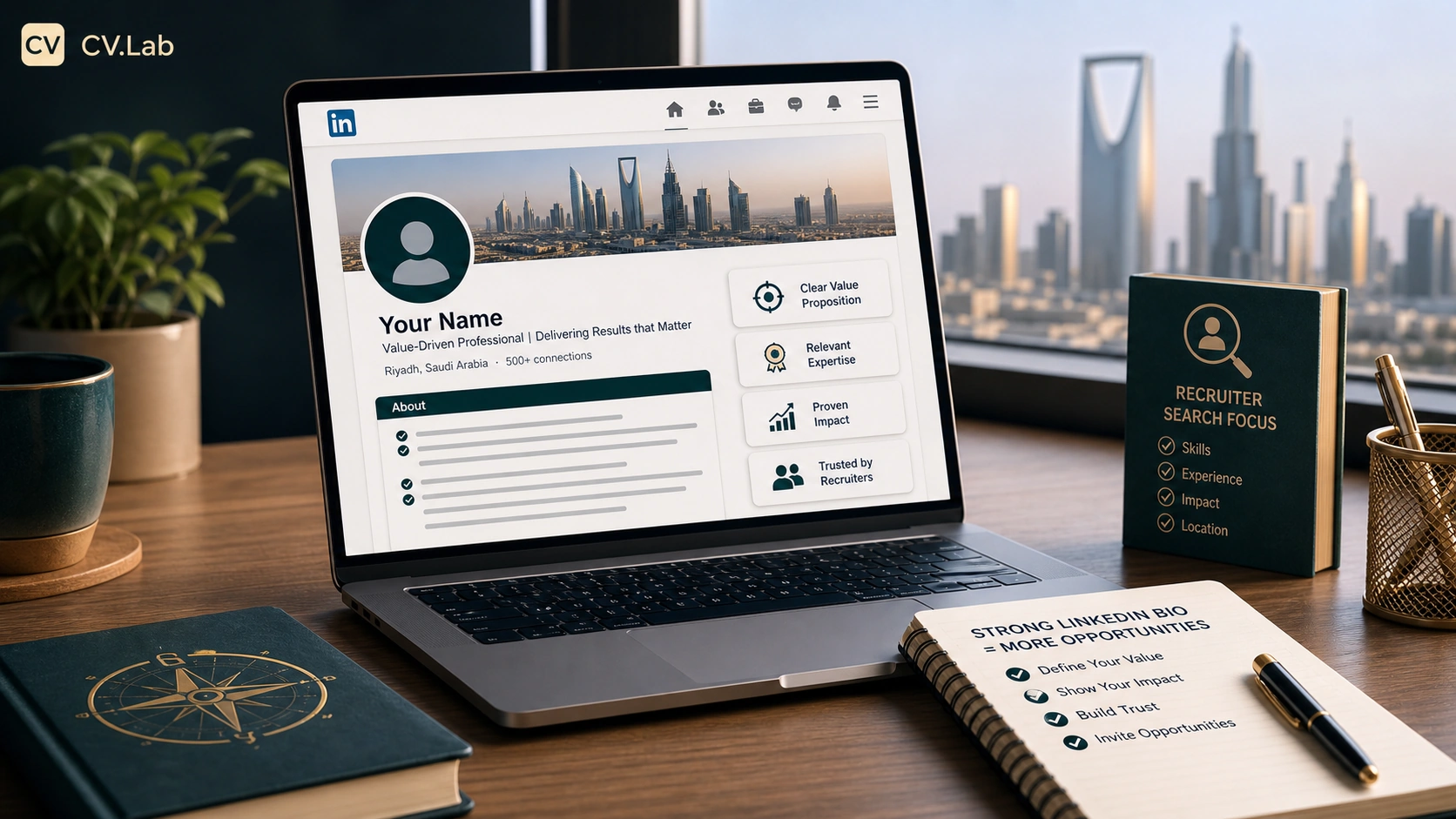 Visual guide to a strong LinkedIn bio highlighting value, proof, and recruiter-ready positioning