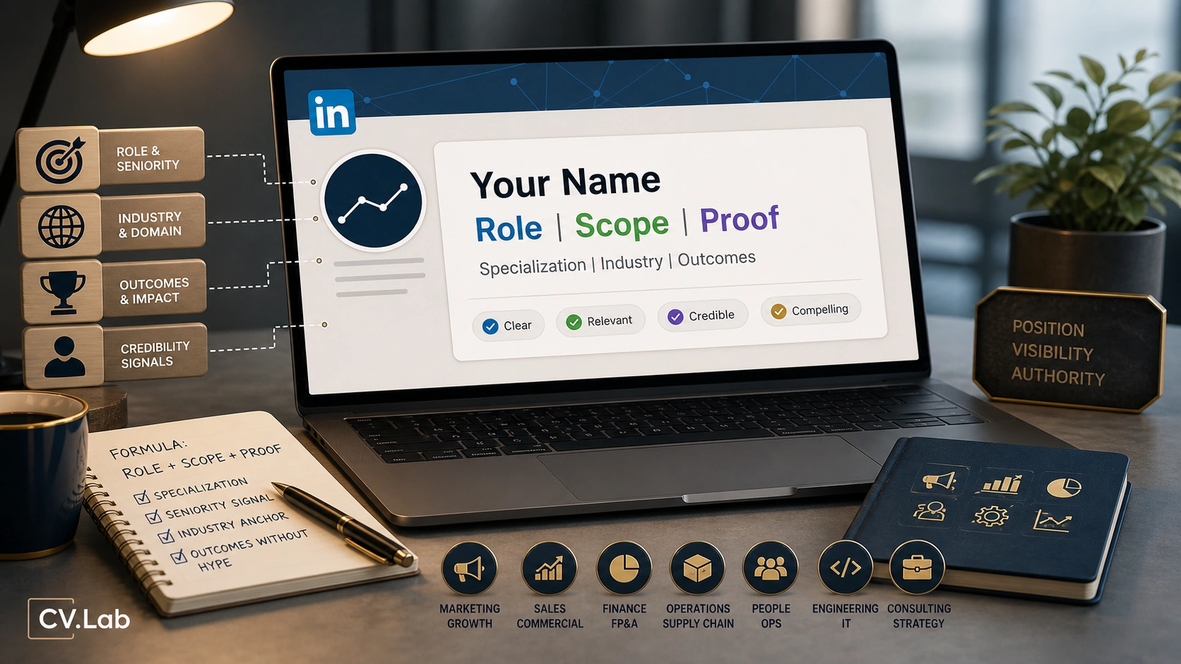 Visual comparison of generic and formula-driven LinkedIn headline examples for experienced professionals
