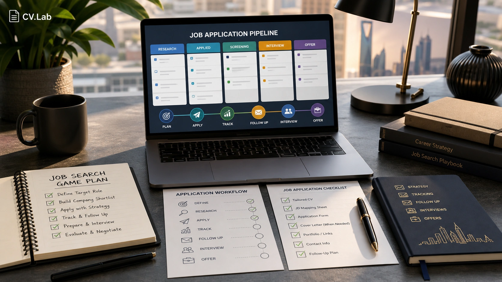 Visual explanation of an organized job search pipeline with tracking, CV versions, and follow-ups.