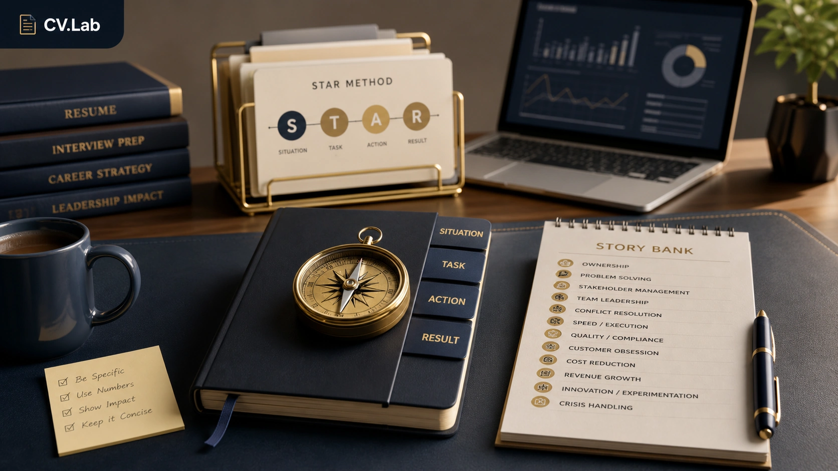 Corporate interview stories organized into STAR method examples with actions, results, and metrics.