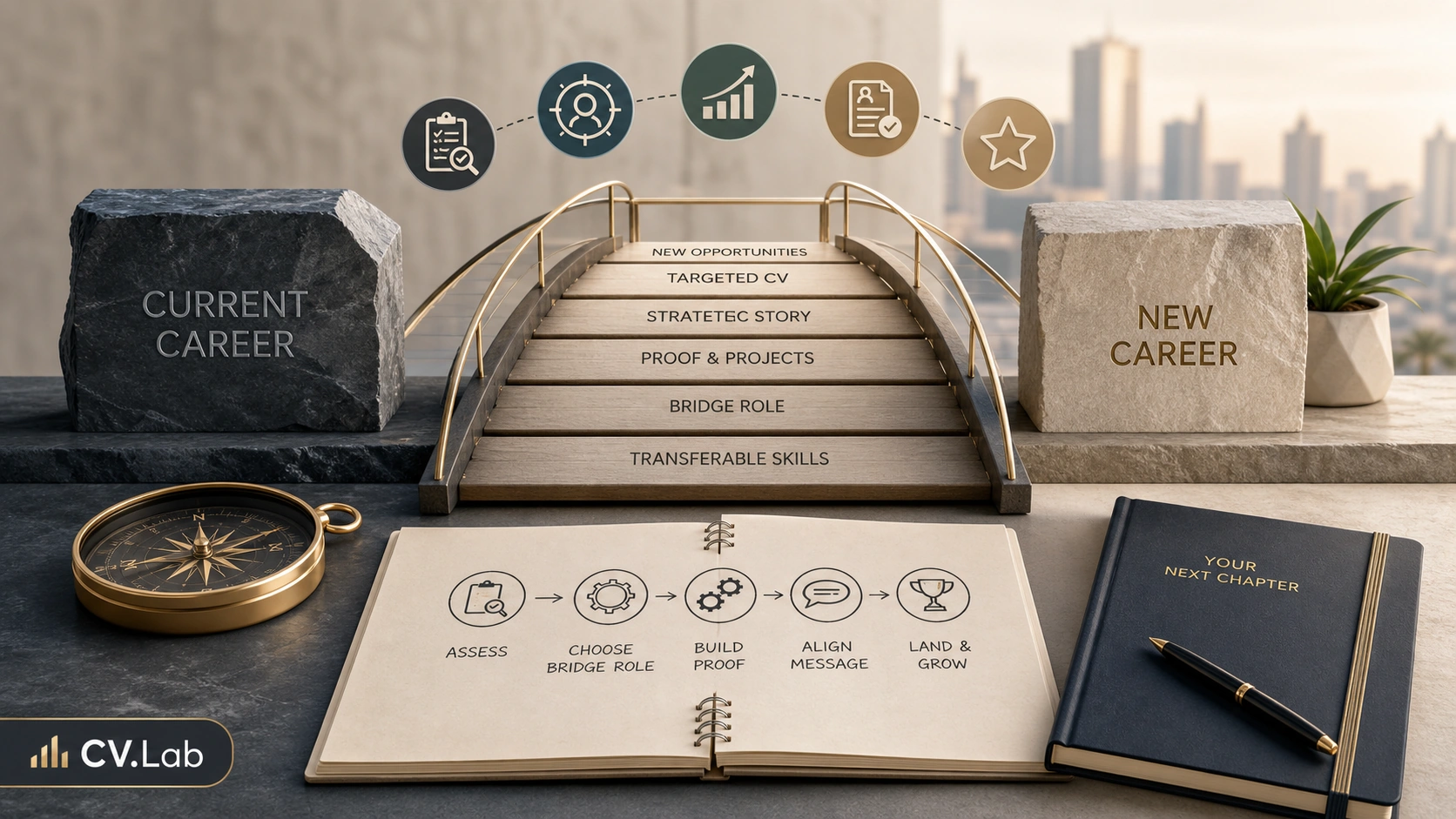 Visual roadmap showing a career bridge strategy to switch careers without starting over