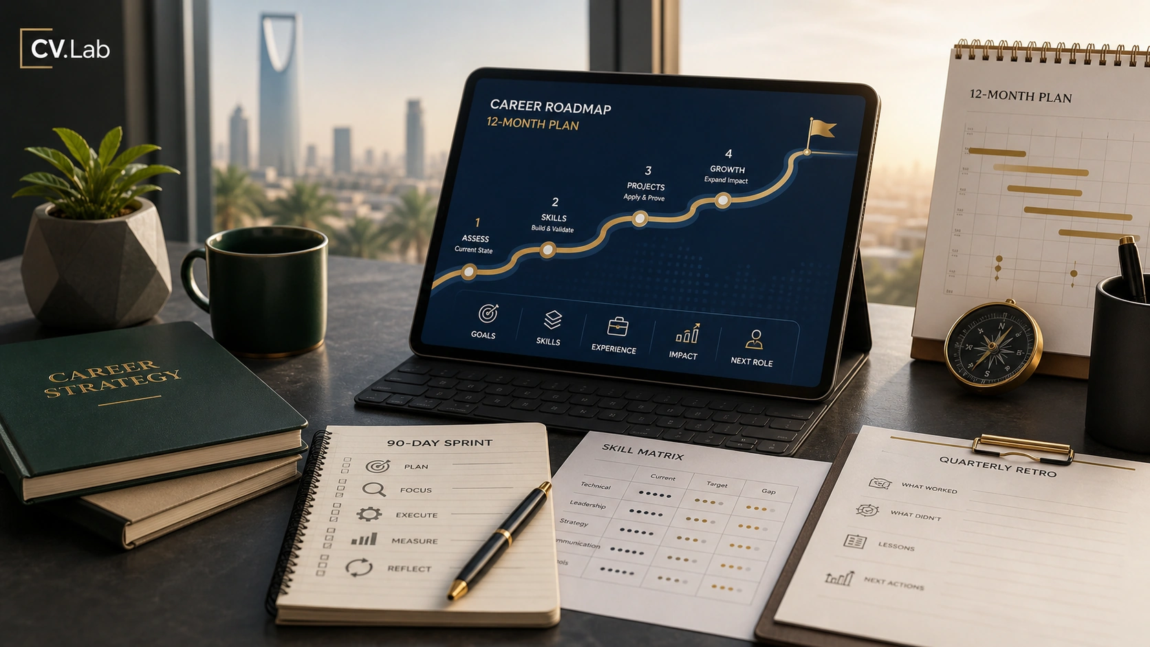 Visual roadmap mapping career goals to role ladders, timelines, and decision checkpoints