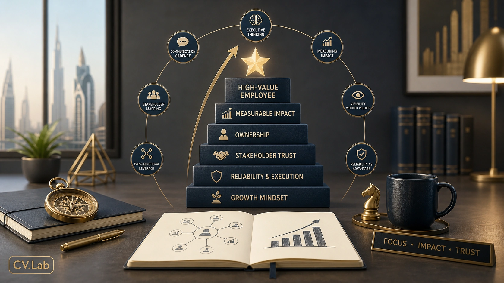 Visual concept of measurable ownership and stakeholder leverage to position yourself as a high-value employee