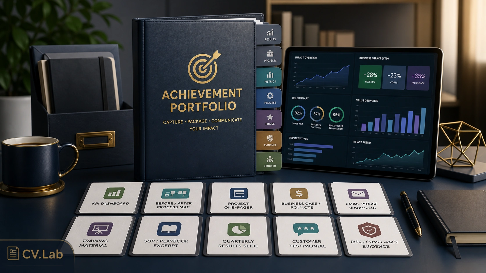 Organized career wins forming an achievement portfolio for CV, LinkedIn, and interview preparation