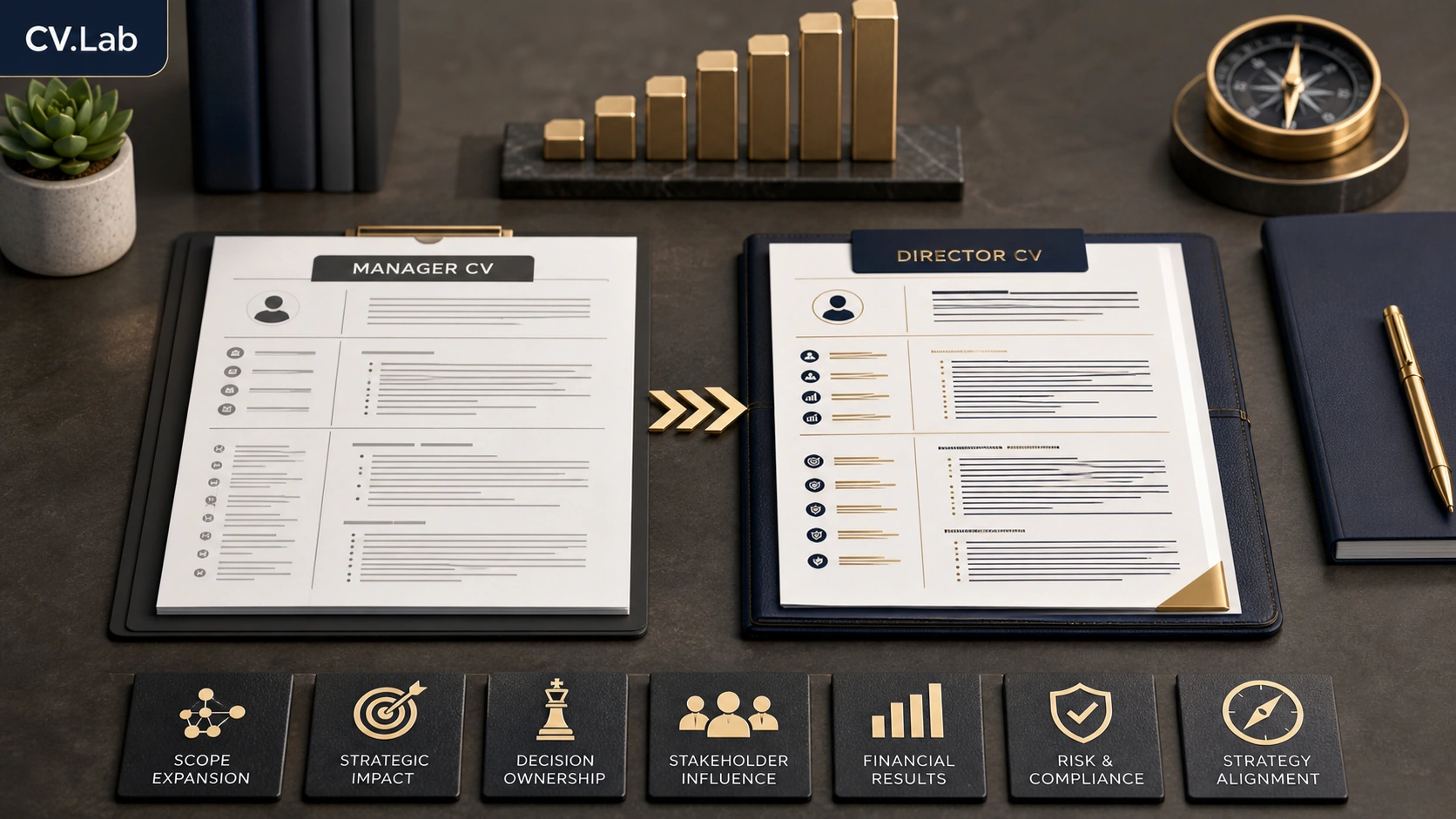 Visual comparison of a manager to director CV upgrade, shifting from team tasks to strategic outcomes.