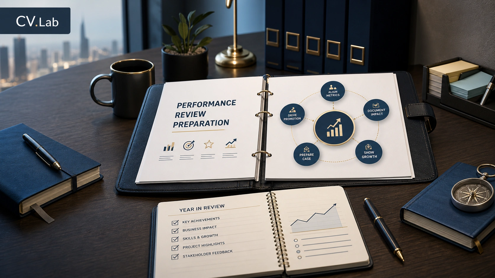 Visual roadmap turning yearly achievements into performance review preparation and promotion-ready evidence